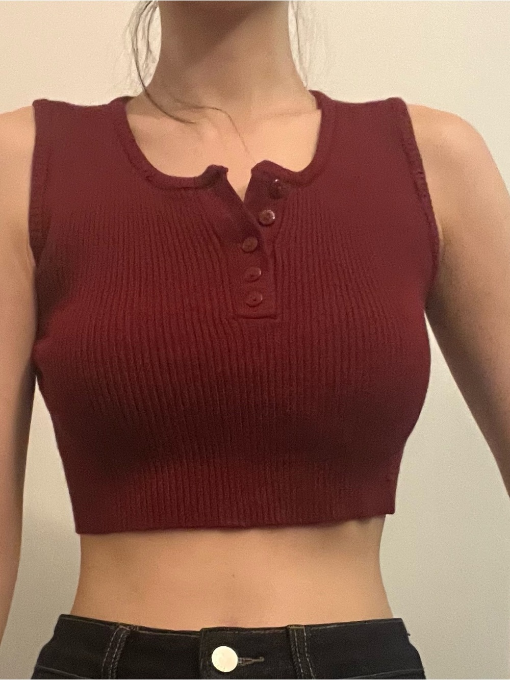 Ribbed Henley Cropped Tank Top - Wine